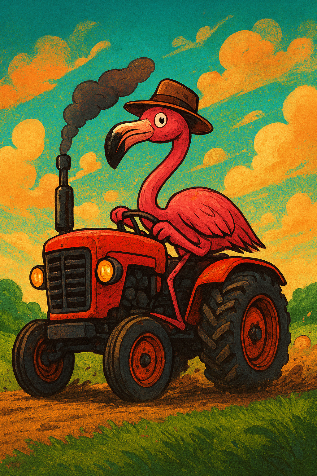 An Adventurous Flamingo Tractor